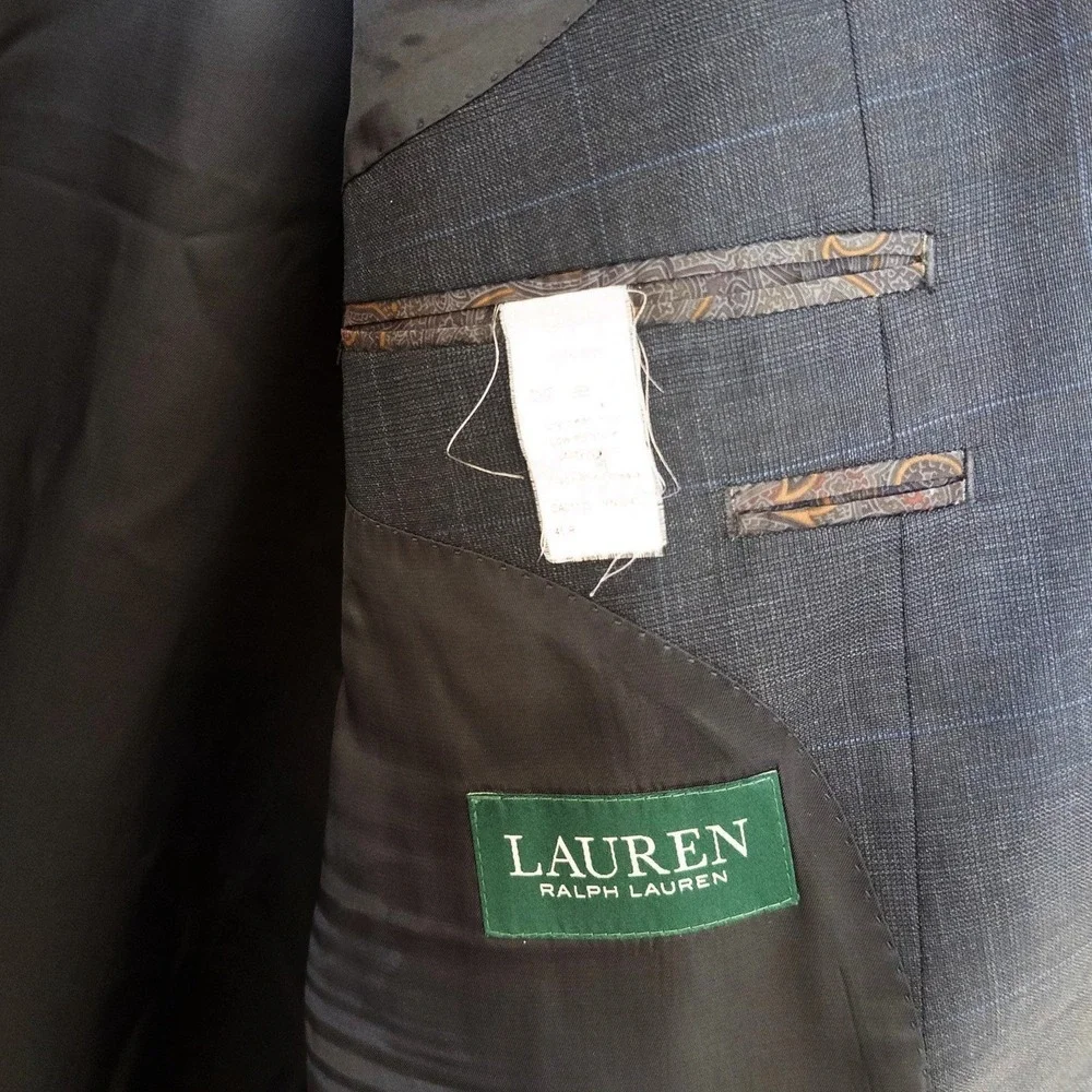 Ralph Lauren Mens Blazer 46R Navy Plaid Two Button Wool Blend Old Money Preppy